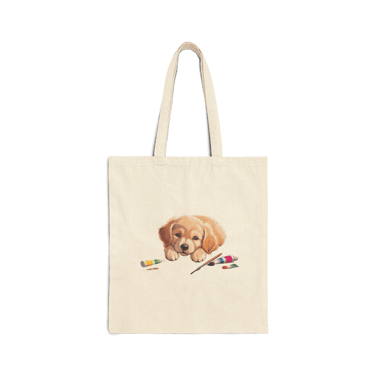 Custom Cotton Canvas Tote Bag – Upload Your Own Design featuring a cute puppy painting with art supplies.