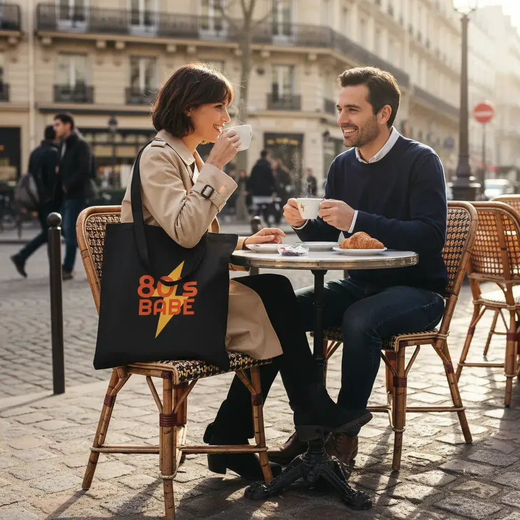 A couple enjoying coffee at an outdoor cafe, featuring a Custom Double-Sided Cotton Canvas Tote – Upload Two Designs.