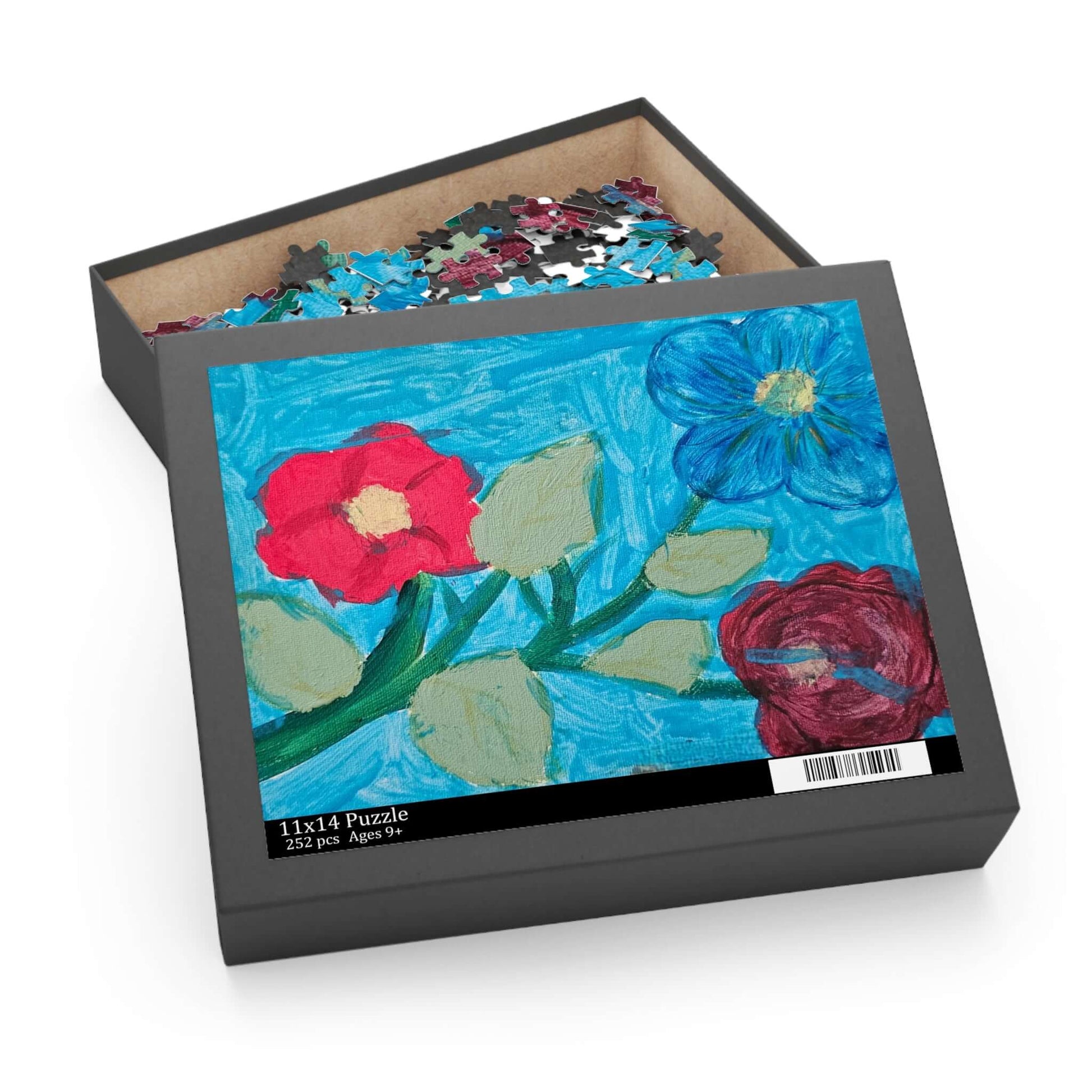 Custom puzzle box featuring colorful flower artwork, perfect for family fun and memory-making.