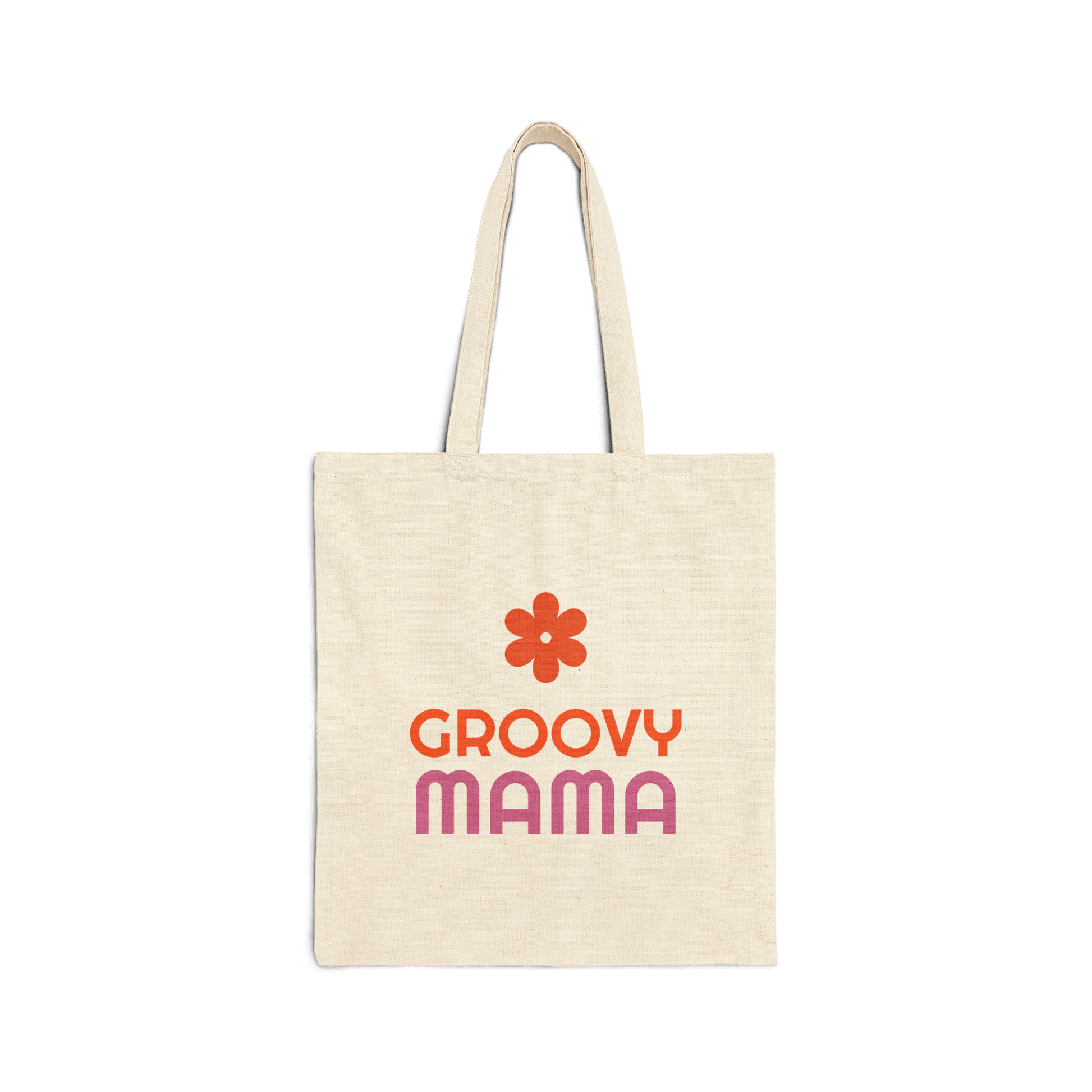 Custom Double-Sided Cotton Canvas Tote – Upload Two Designs featuring Groovy Mama design and flower graphic.
