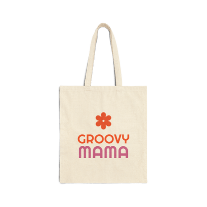 Custom Double-Sided Cotton Canvas Tote – Upload Two Designs featuring Groovy Mama design and flower graphic.
