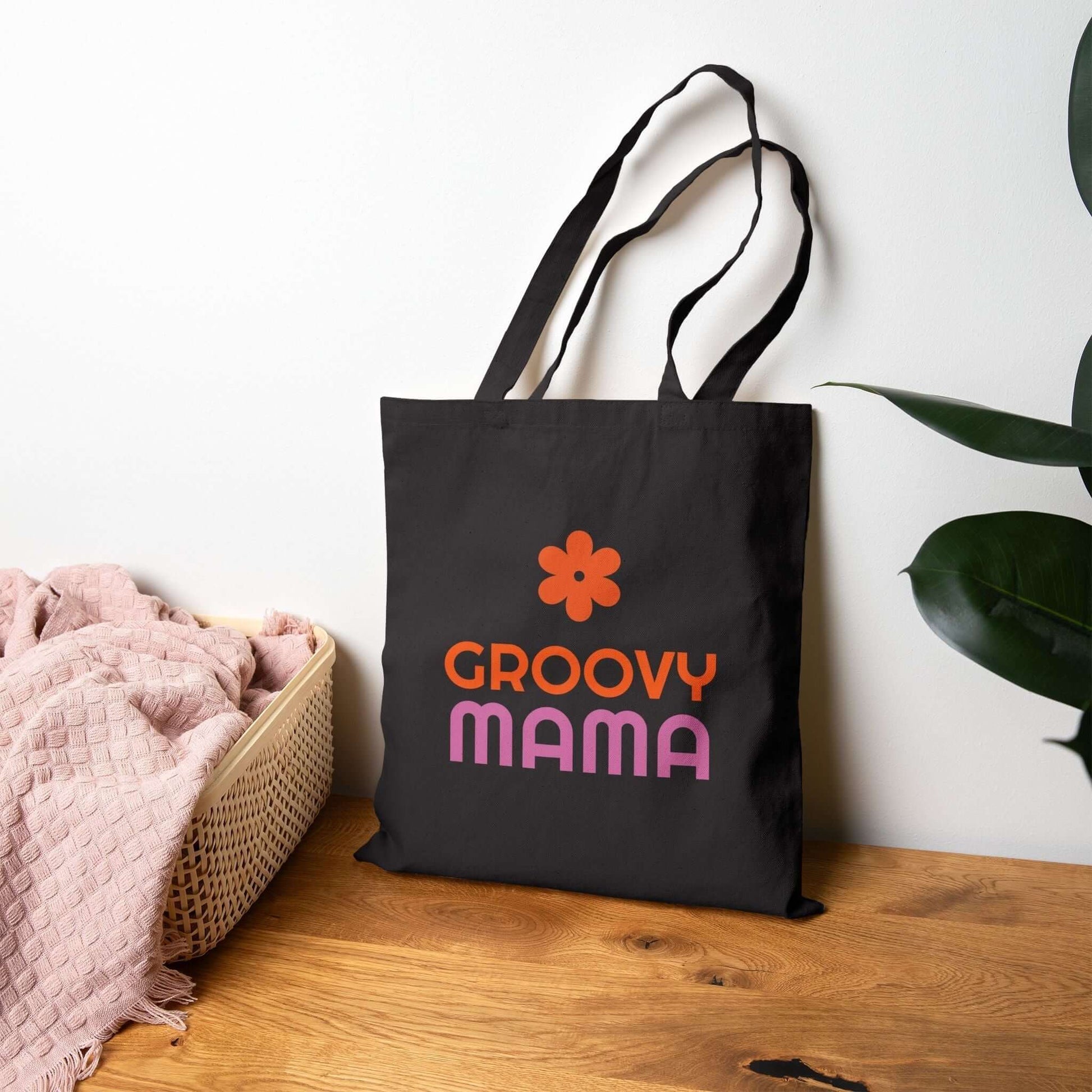 Custom Double-Sided Cotton Canvas Tote – Upload Two Designs featuring 'Groovy Mama' text design.