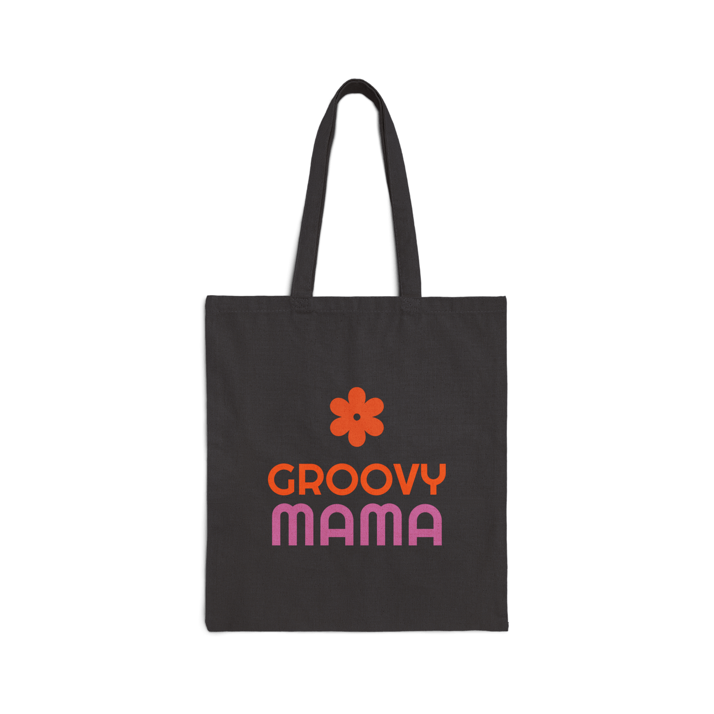 Custom Double-Sided Cotton Canvas Tote – Upload Two Designs with colorful Groovy Mama text and flower.