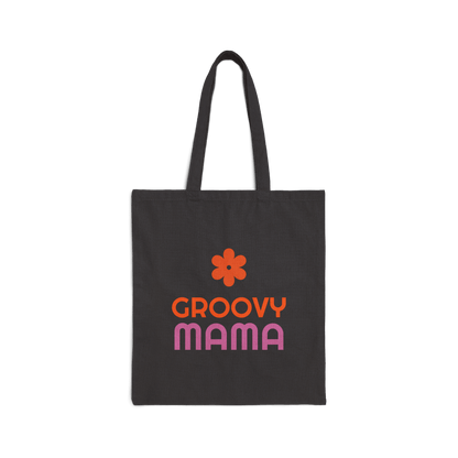 Custom Double-Sided Cotton Canvas Tote – Upload Two Designs with colorful Groovy Mama text and flower.