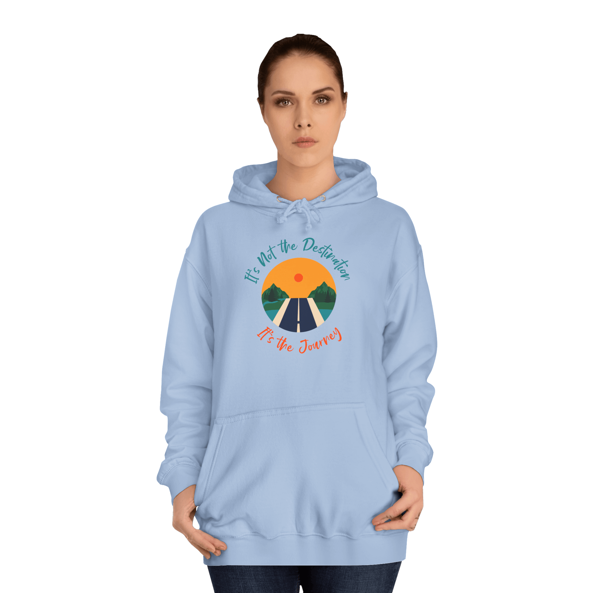 Custom College Hoodie – Add Your Photos, Text & Emojis Your Way in light blue with a motivational design.