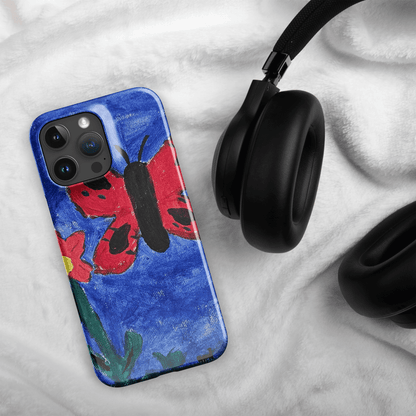 Custom iPhone case featuring a colorful butterfly painting alongside headphones, blending art and style.