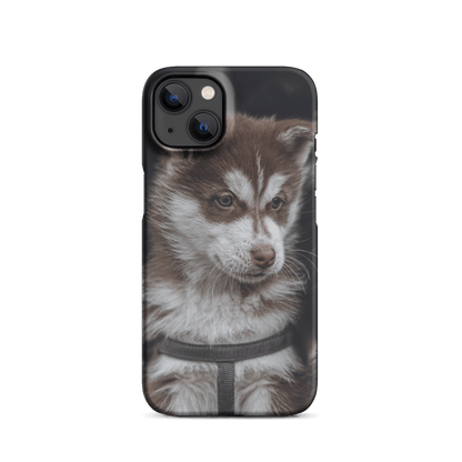 Custom iPhone case featuring an adorable brown and white husky puppy design.