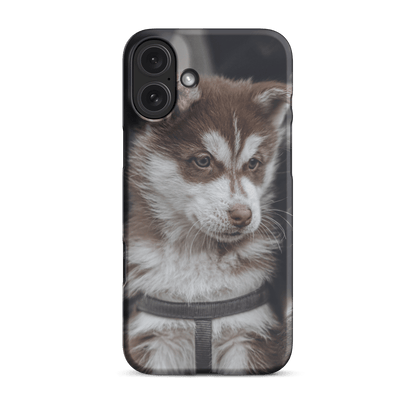 Custom iPhone case featuring a cute brown and white puppy portrait, perfect for dog lovers.