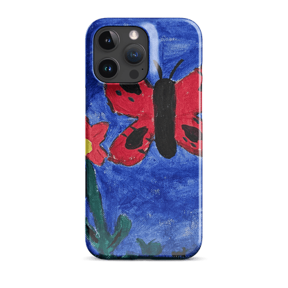 Custom iPhone case featuring a colorful butterfly and flower artwork for a unique style.
