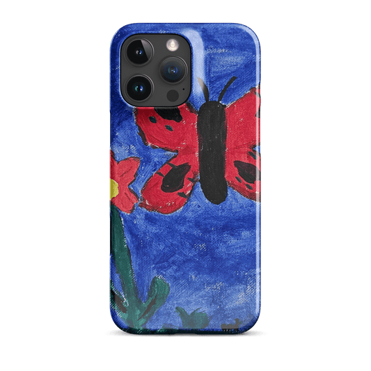 Custom iPhone case featuring a colorful butterfly and flower artwork for a unique style.