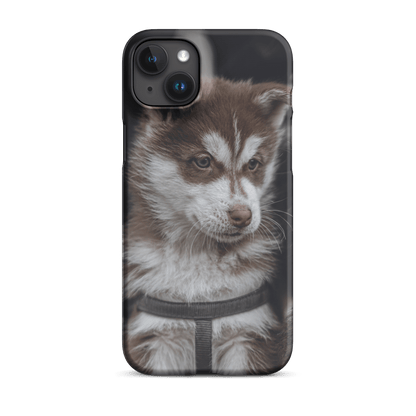 Custom iPhone case featuring an adorable brown and white puppy portrait, perfect for pet lovers.
