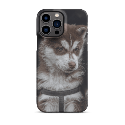 Custom iPhone case featuring an adorable husky puppy portrait, perfect for pet lovers and unique phone style.