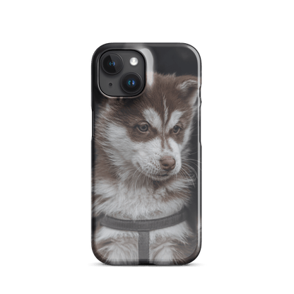 Custom iPhone case featuring a cute brown and white puppy design, perfect for pet lovers.