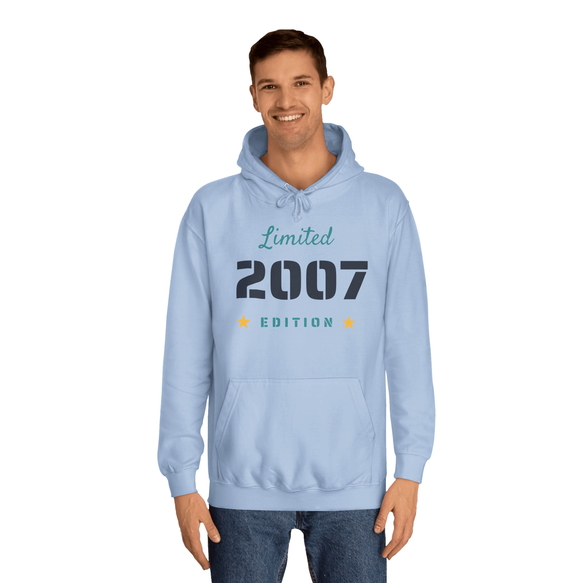 Custom College Hoodie – Add Your Photos, Text & Emojis Your Way worn by a smiling man in a light blue limited edition hoodie.
