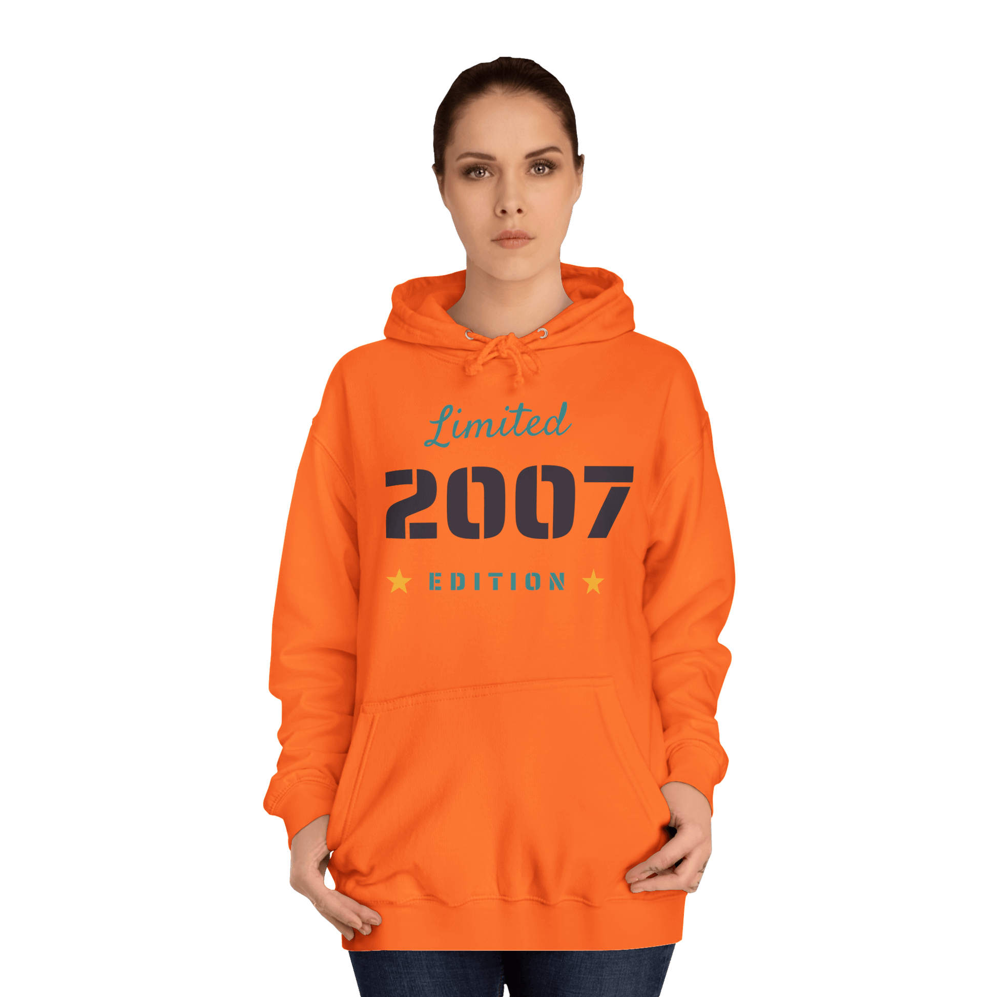 Custom College Hoodie – Add Your Photos, Text & Emojis Your Way in vibrant orange with Limited 2007 Edition design.