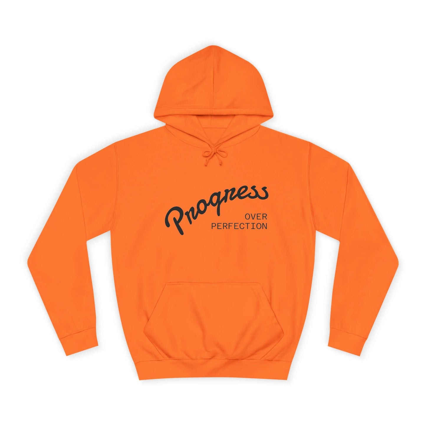 Custom College Hoodie – Add Your Photos, Text & Emojis Your Way in vibrant orange with 'Progress Over Perfection' print.