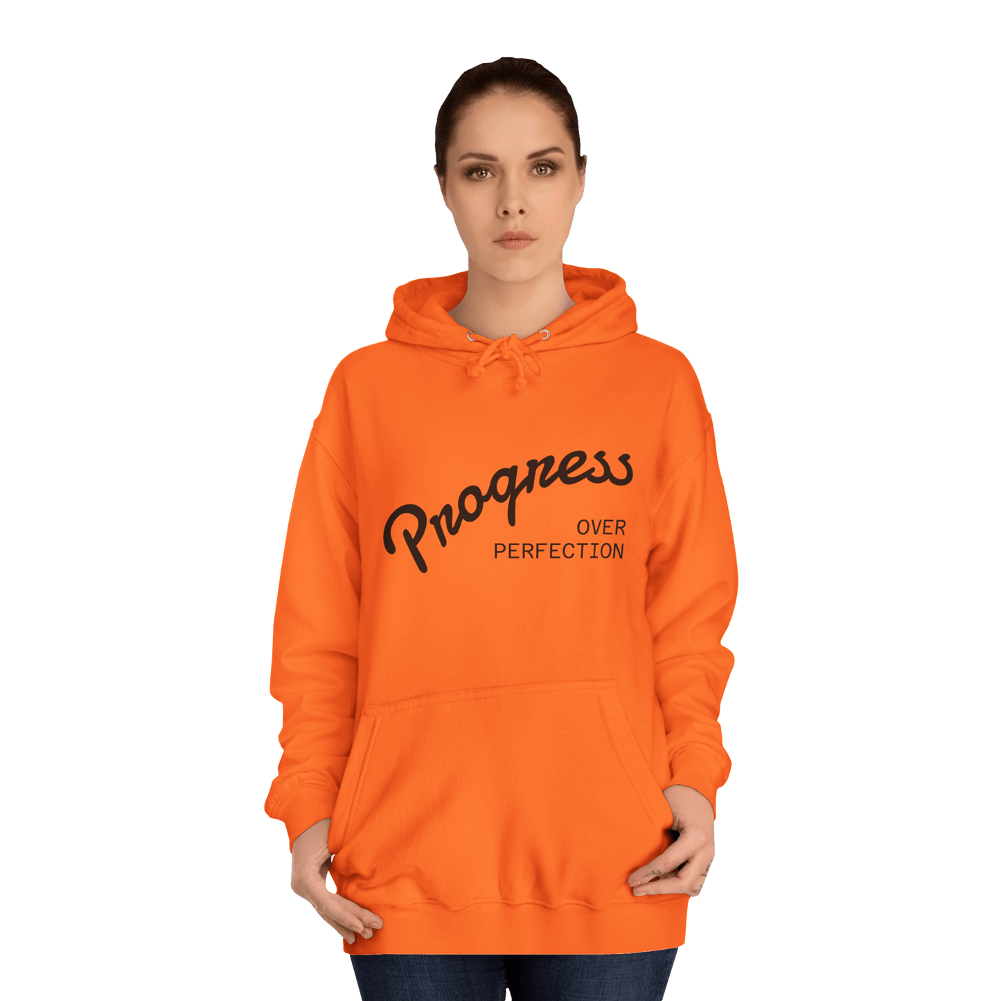 Custom College Hoodie – Add Your Photos, Text & Emojis Your Way in vibrant orange with 'Progress Over Perfection' design.