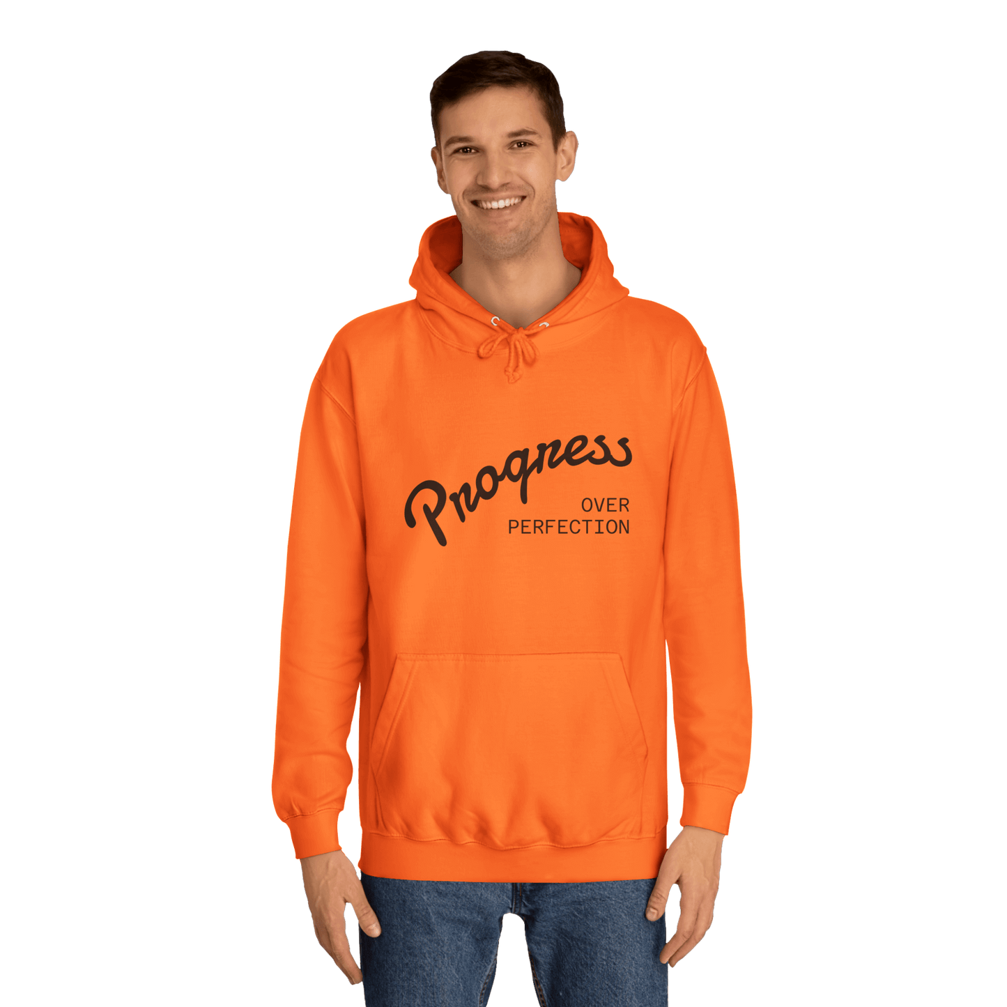 Custom College Hoodie – Add Your Photos, Text & Emojis Your Way worn by a man in an orange hoodie with the text "Progress Over Perfection."