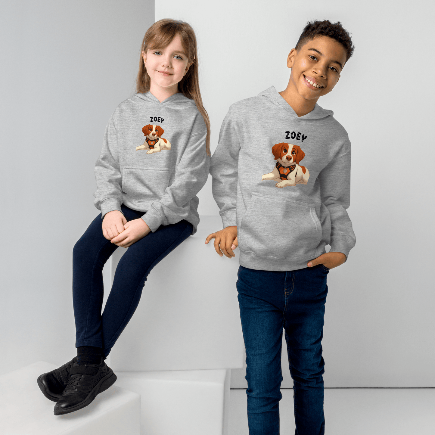 Custom Pet Hoodie for Kids – Magical Cartoon Personalized Gift featuring kids wearing personalized hoodies with dog illustration.