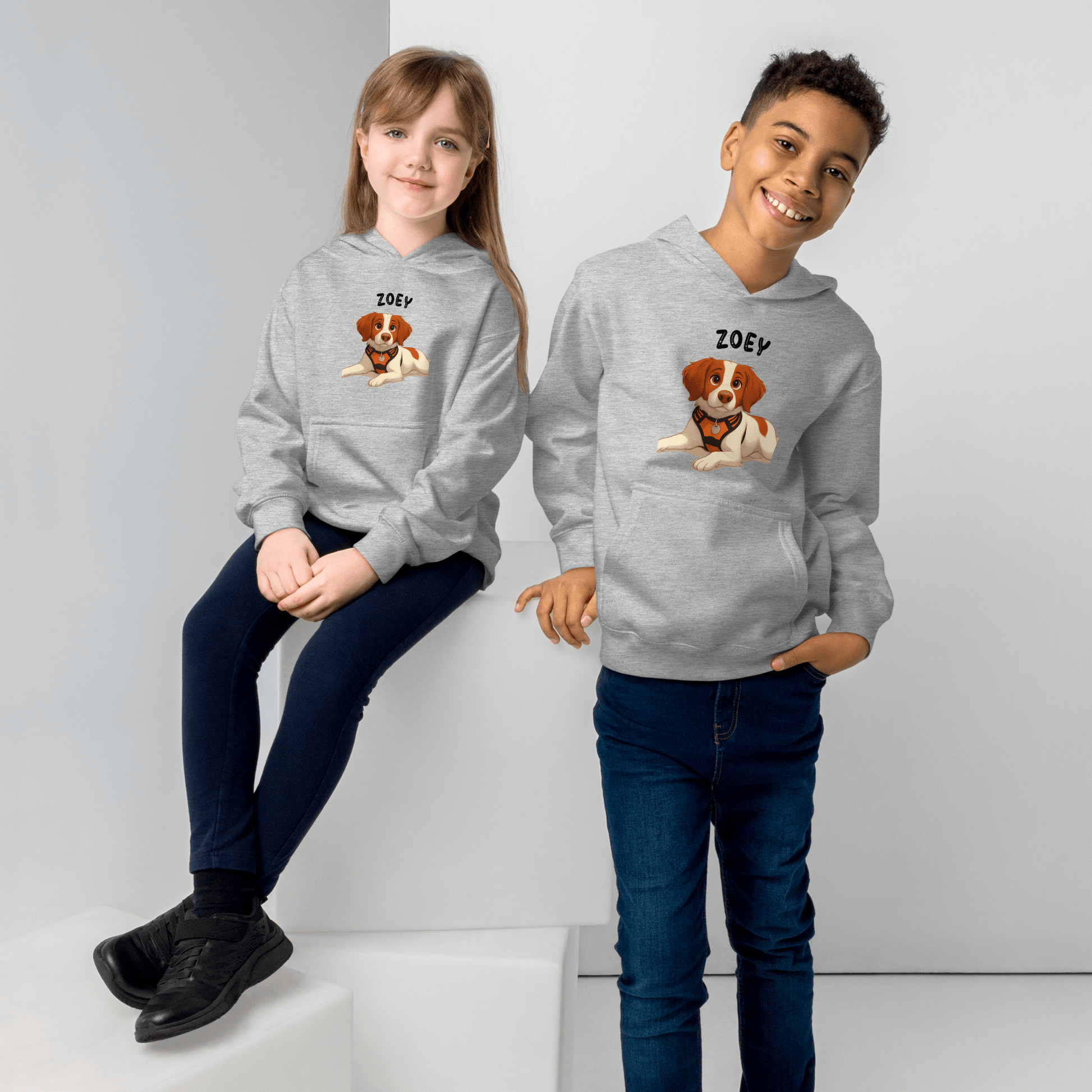 Custom Pet Hoodie for Kids – Magical Cartoon Personalized Gift featuring kids wearing personalized hoodies with dog illustration.