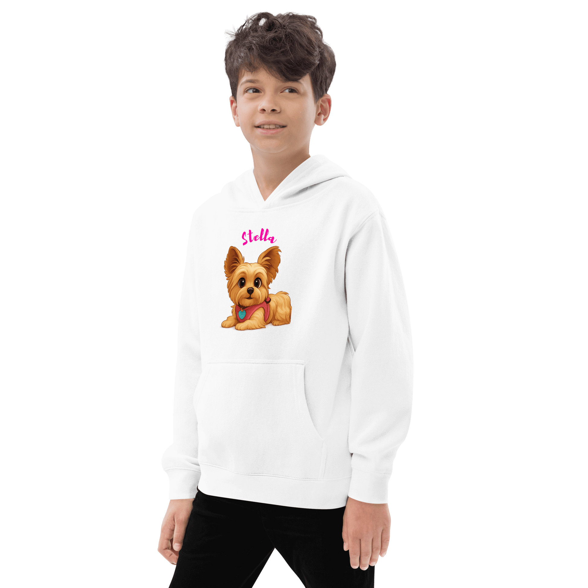 Custom Pet Hoodie for Kids – Magical Cartoon Personalized Gift featuring a boy wearing a hoodie with a cartoon dog illustration.