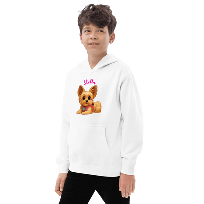 Custom Pet Hoodie for Kids – Magical Cartoon Personalized Gift featuring a boy wearing a hoodie with a cartoon dog illustration.