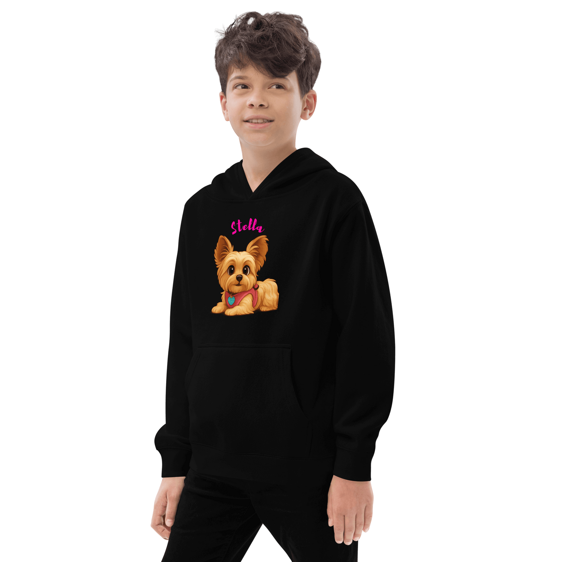 Custom Pet Hoodie for Kids – Magical Cartoon Personalized Gift featuring a dog illustration on a black hoodie.