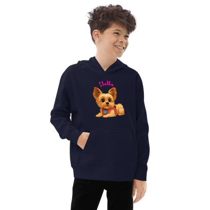 Custom Pet Hoodie for Kids – Magical Cartoon Personalized Gift featuring a boy wearing a navy hoodie with a cartoon dog design.