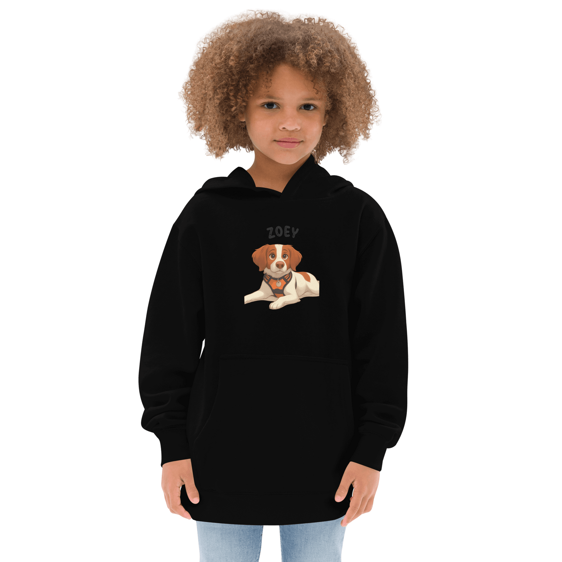 Custom Pet Hoodie for Kids – Magical Cartoon Personalized Gift featuring a black hoodie with a cartoon dog. 