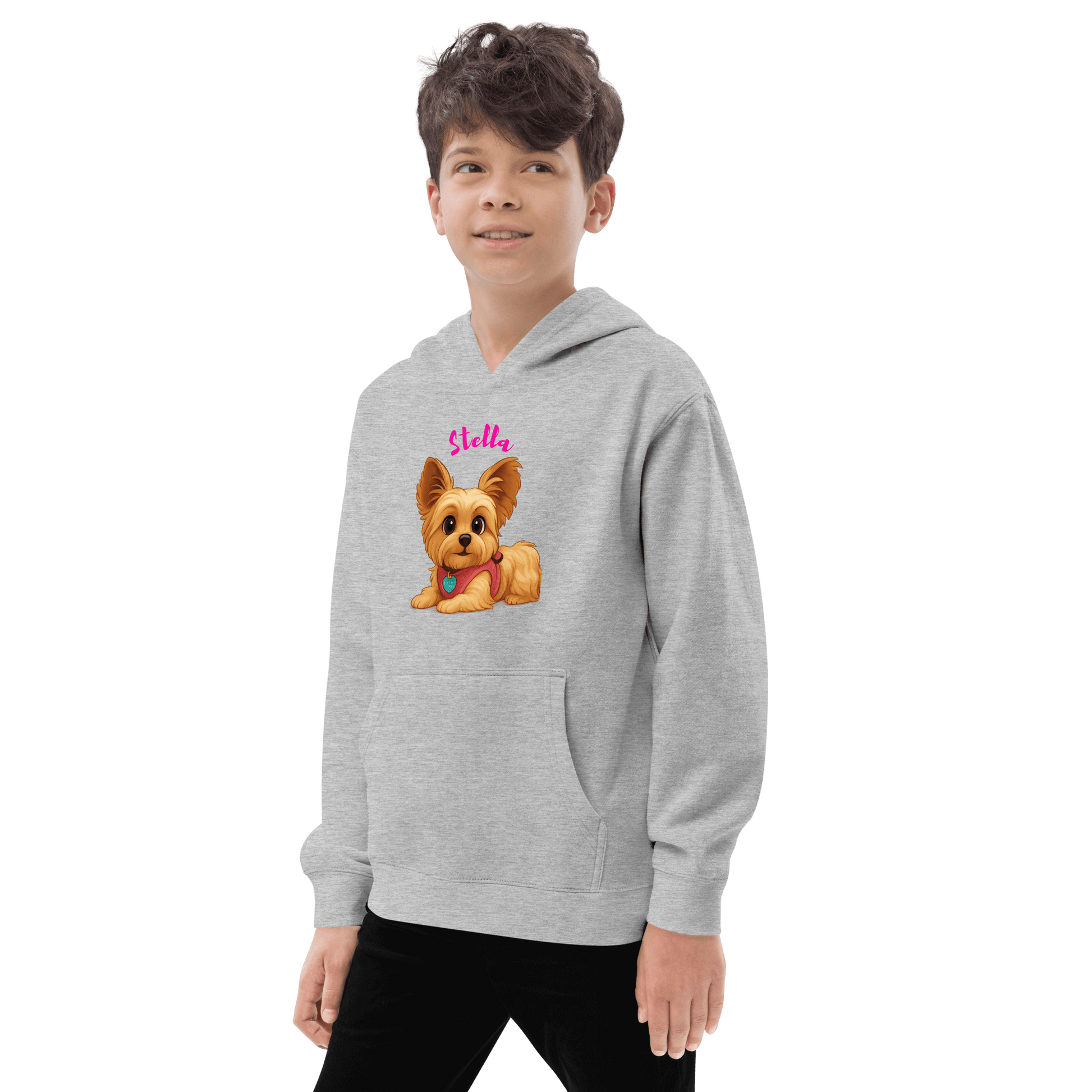 Custom Pet Hoodie for Kids – Magical Cartoon Personalized Gift featuring a happy dog illustration.