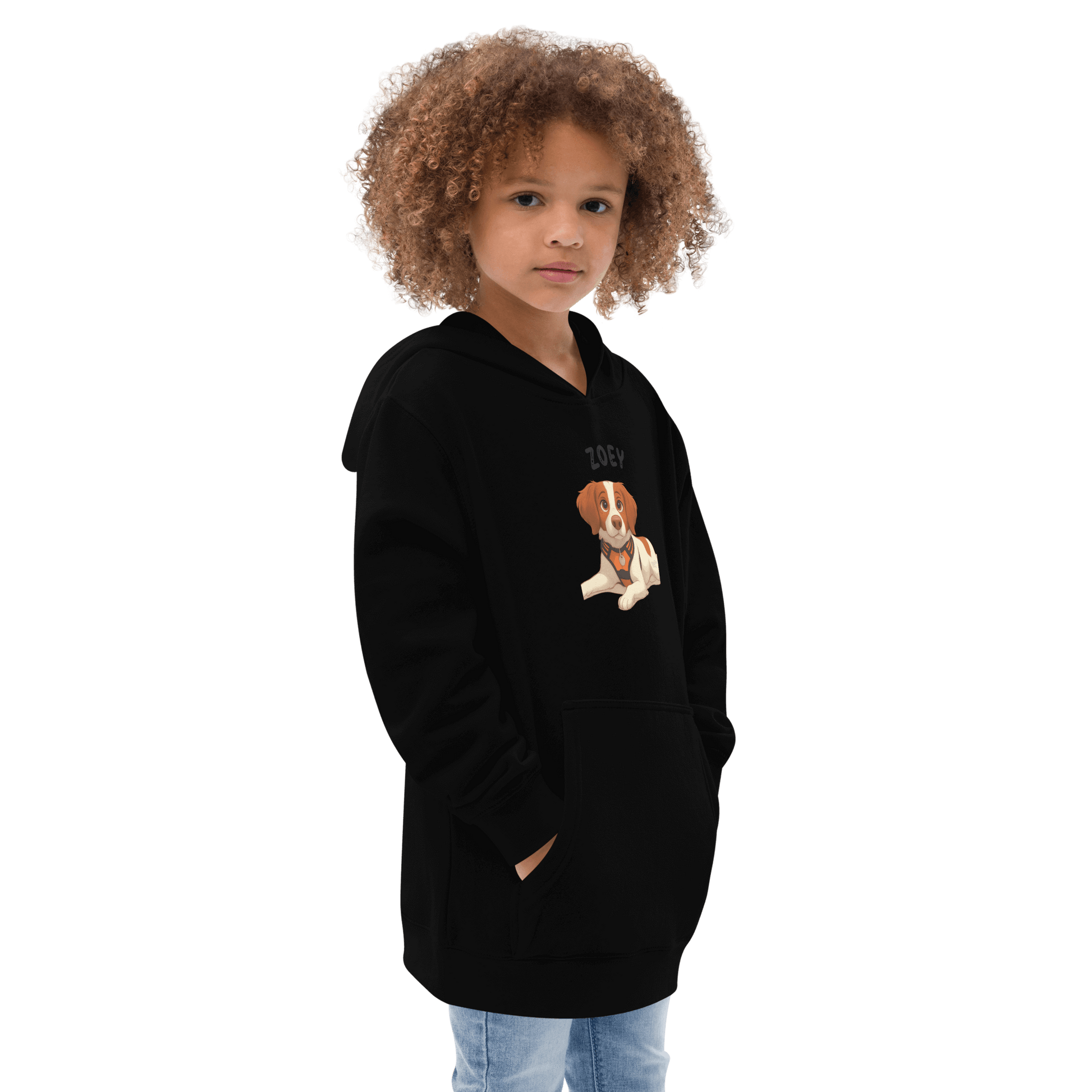 Custom Pet Hoodie for Kids – Magical Cartoon Personalized Gift featuring a child in a black hoodie with a cartoon dog illustration.
