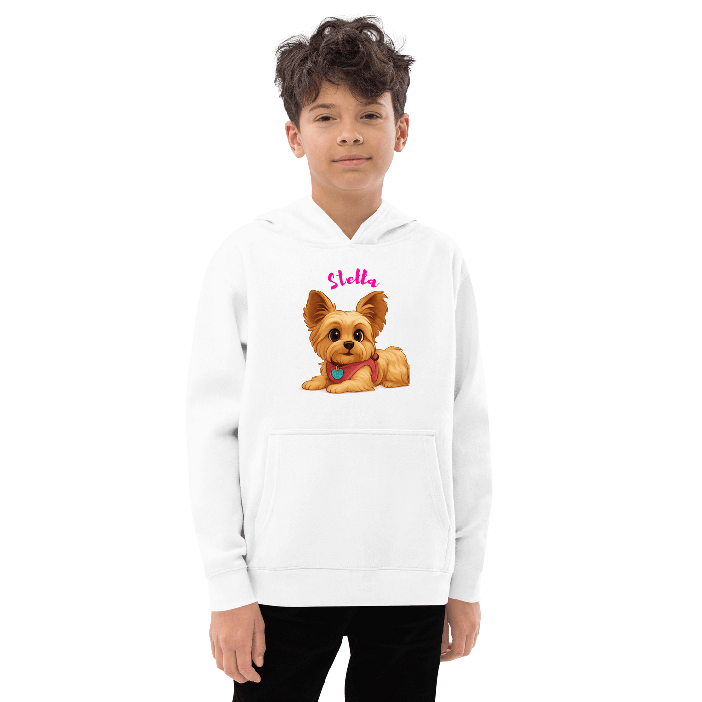 Custom Pet Hoodie for Kids – Magical Cartoon Personalized Gift featuring a boy wearing a hoodie with a cartoon dog illustration.