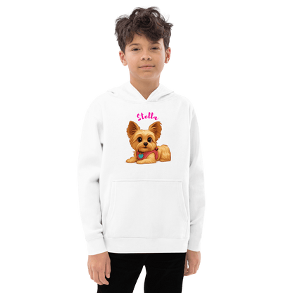 Custom Pet Hoodie for Kids – Magical Cartoon Personalized Gift featuring a boy wearing a hoodie with a cartoon dog illustration.