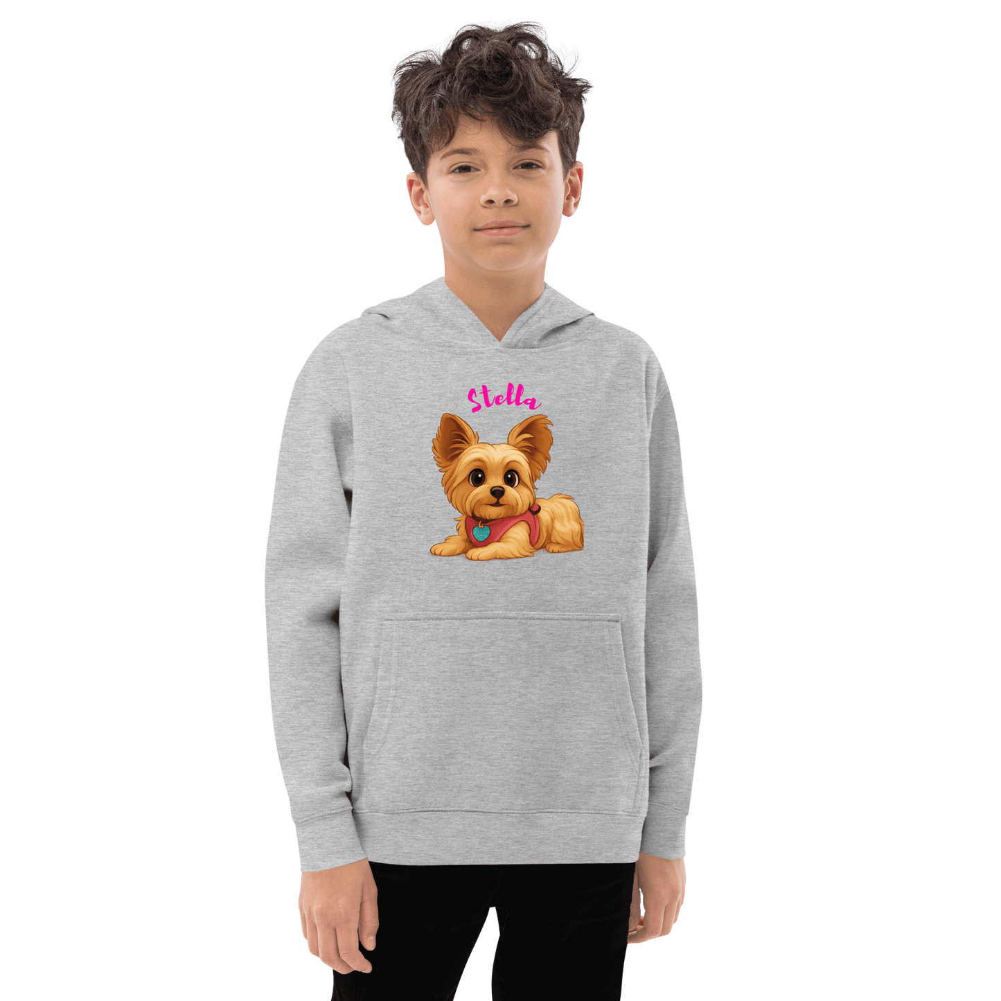 Custom Pet Hoodie for Kids – Magical Cartoon Personalized Gift featuring a boy in a hoodie with a cartoon dog illustration.