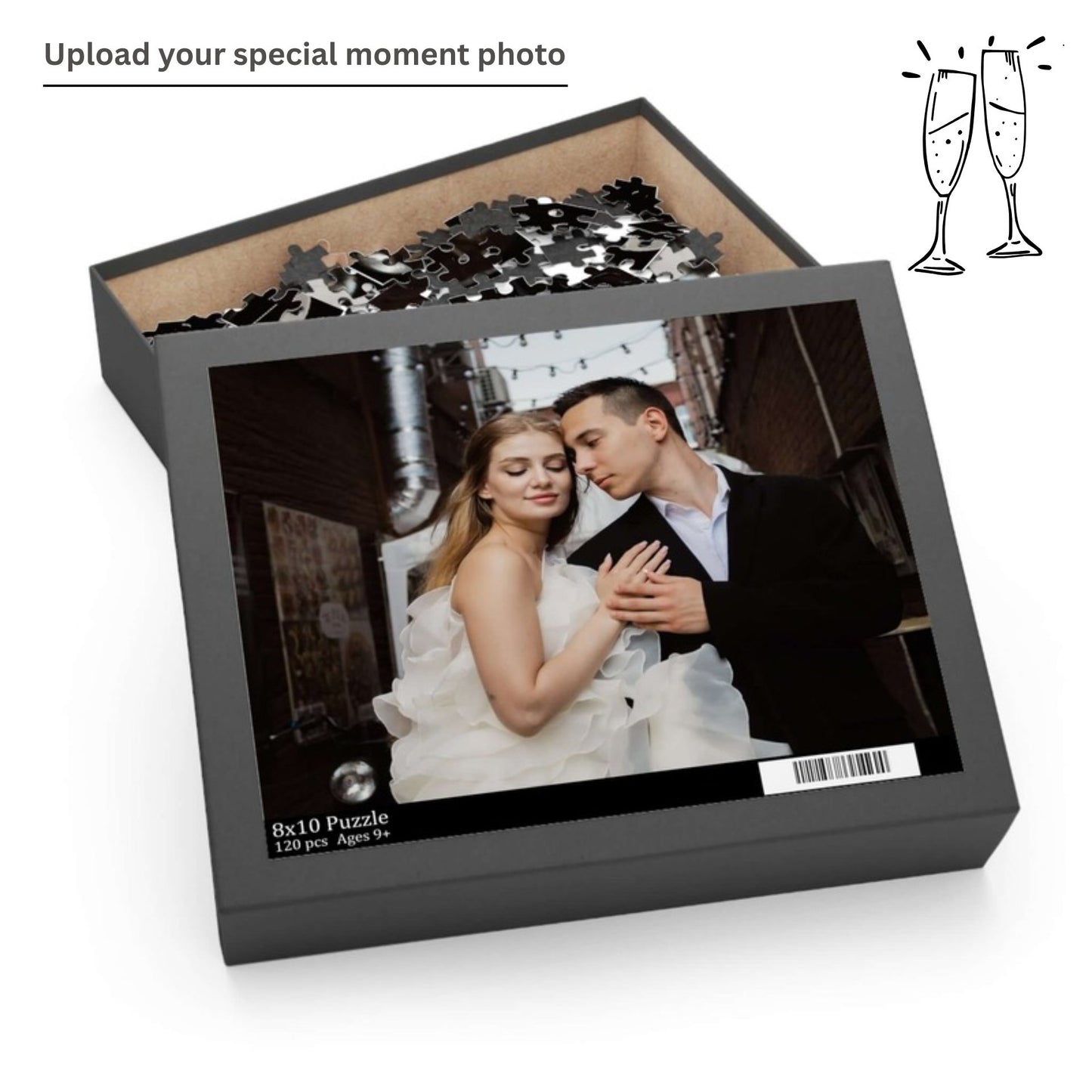 Custom puzzle with romantic photo, premium quality pieces in a stylish gift box for fun family activities.