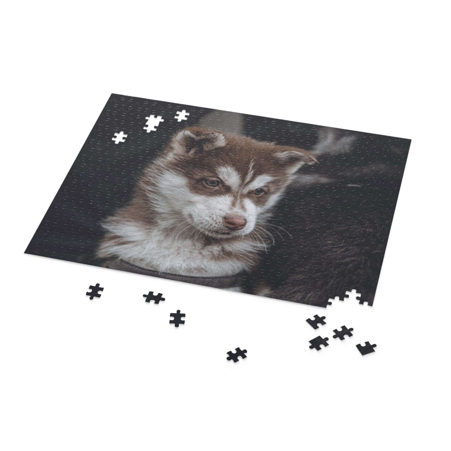Custom puzzle featuring a husky dog photo with scattered pieces, perfect for family fun and memory-making.