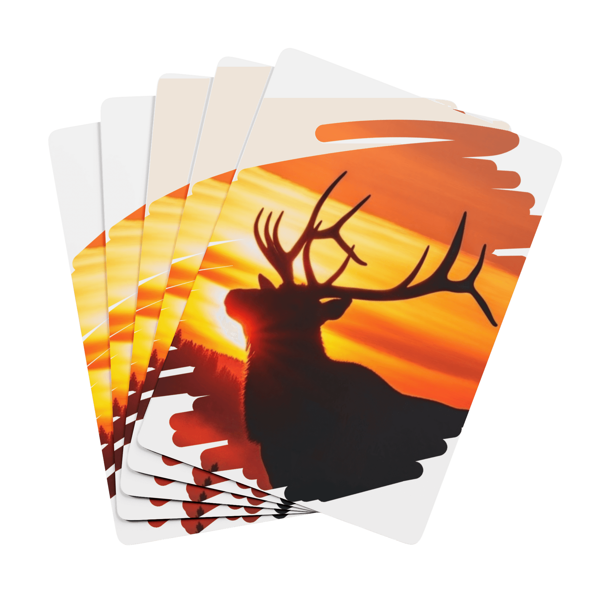 Custom Playing Cards – Upload, Cartoonize, Celebrate with a silhouette of a deer against a sunset backdrop.