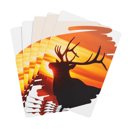 Custom Playing Cards – Upload, Cartoonize, Celebrate with a silhouette of a deer against a sunset backdrop.