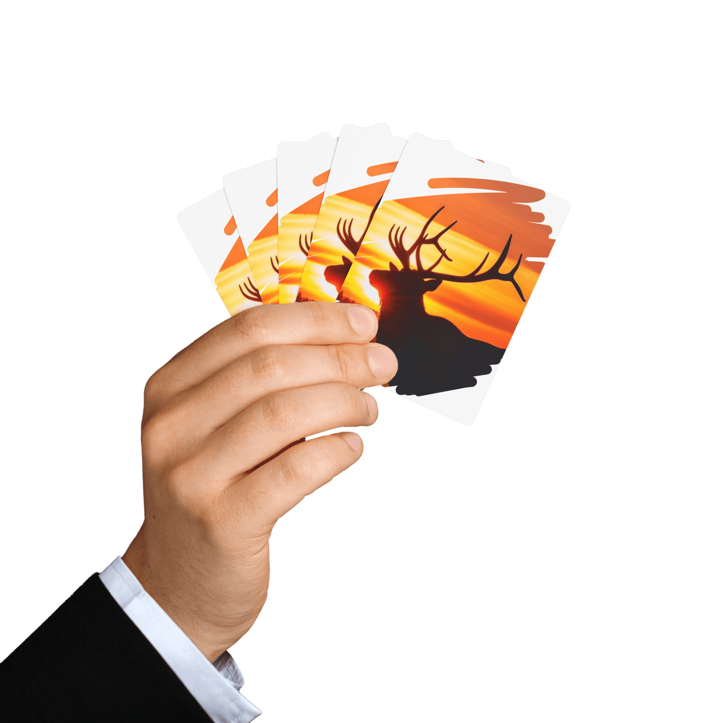 Custom Playing Cards – Upload, Cartoonize, Celebrate – Hand holding colorful deck featuring sunset and deer design.