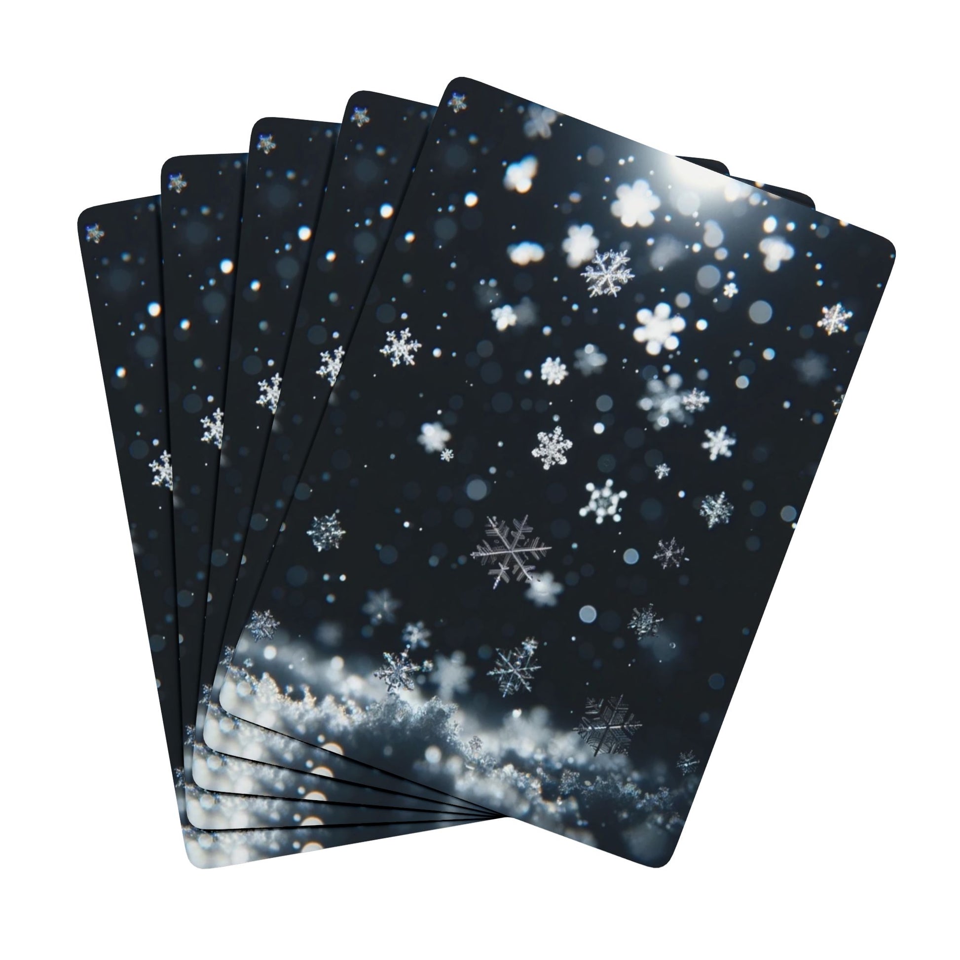 Custom Playing Cards – Upload, Cartoonize, Celebrate with a snowy festive design featuring snowflakes and bokeh effects.