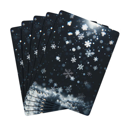 Custom Playing Cards – Upload, Cartoonize, Celebrate with a snowy festive design featuring snowflakes and bokeh effects.