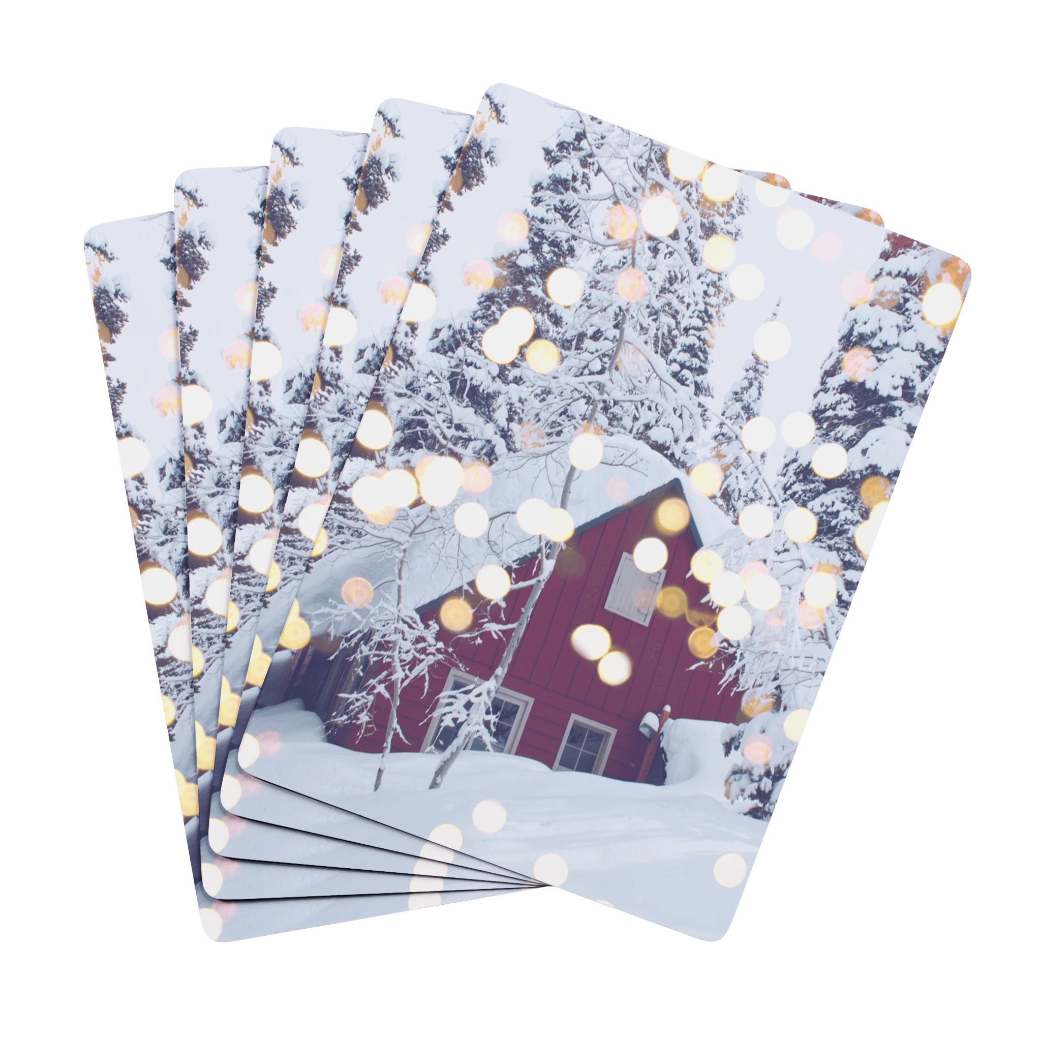 Custom Playing Cards – Upload, Cartoonize, Celebrate with a snowy cabin and festive lights design.