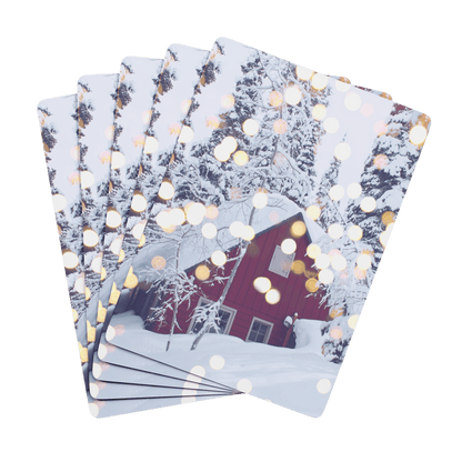 Custom Playing Cards – Upload, Cartoonize, Celebrate with a snowy cabin and festive lights design.