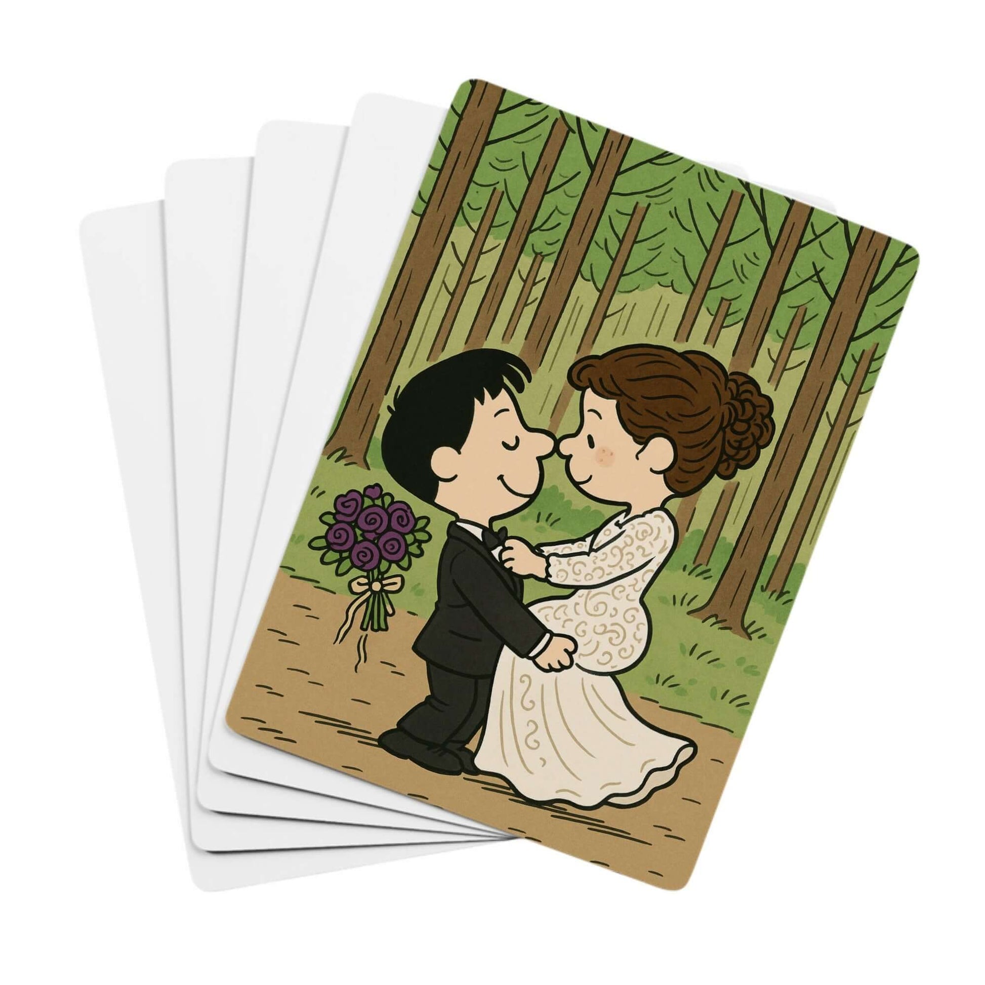 Custom Playing Cards – Upload, Cartoonize, Celebrate wedding-themed card featuring a cartoon couple in a forest.