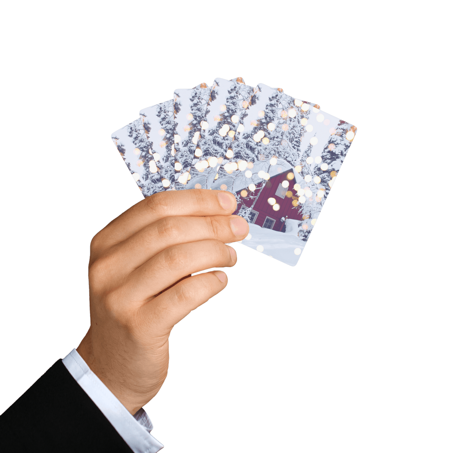 Custom Playing Cards – Upload, Cartoonize, Celebrate: Hand holding a festive deck of custom playing cards.