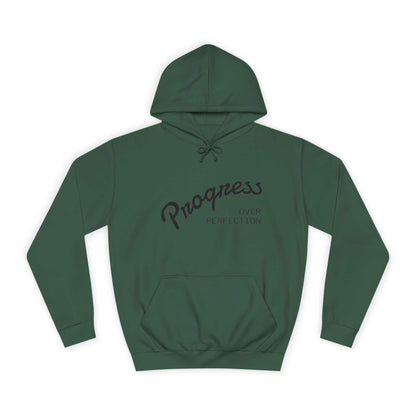 Custom College Hoodie – Add Your Photos, Text & Emojis Your Way in green with 'Progress Over Perfection' design.