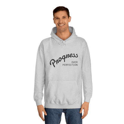 Custom College Hoodie – Add Your Photos, Text & Emojis Your Way worn by a man with the text 'Progress Over Perfection'.