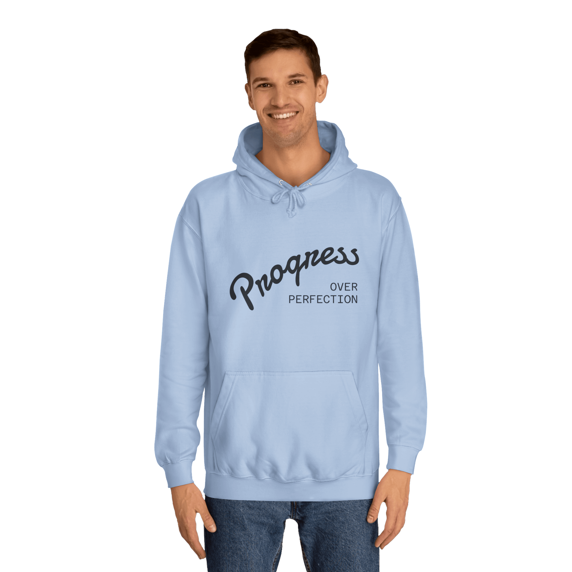 Custom College Hoodie – Add Your Photos, Text & Emojis Your Way worn by a smiling man in a light blue color.