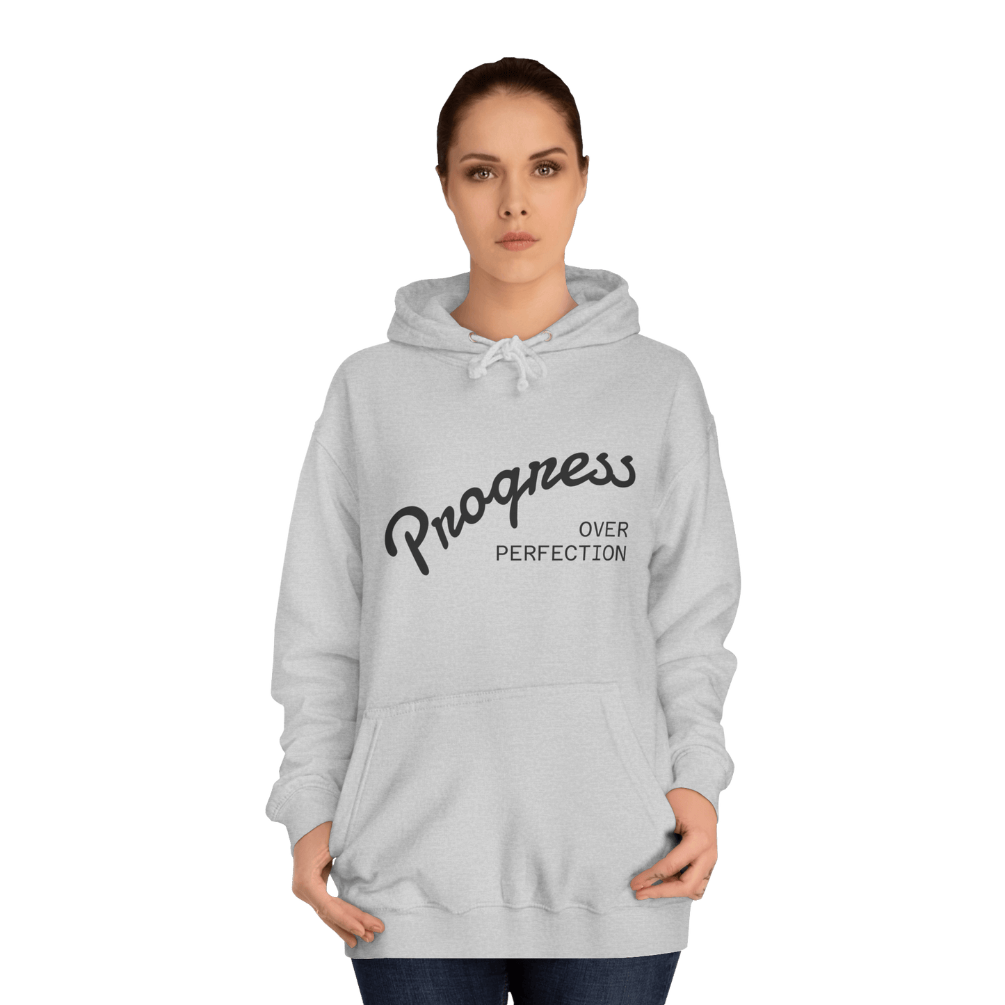 Custom College Hoodie – Add Your Photos, Text & Emojis Your Way featuring a 'Progress Over Perfection' design.