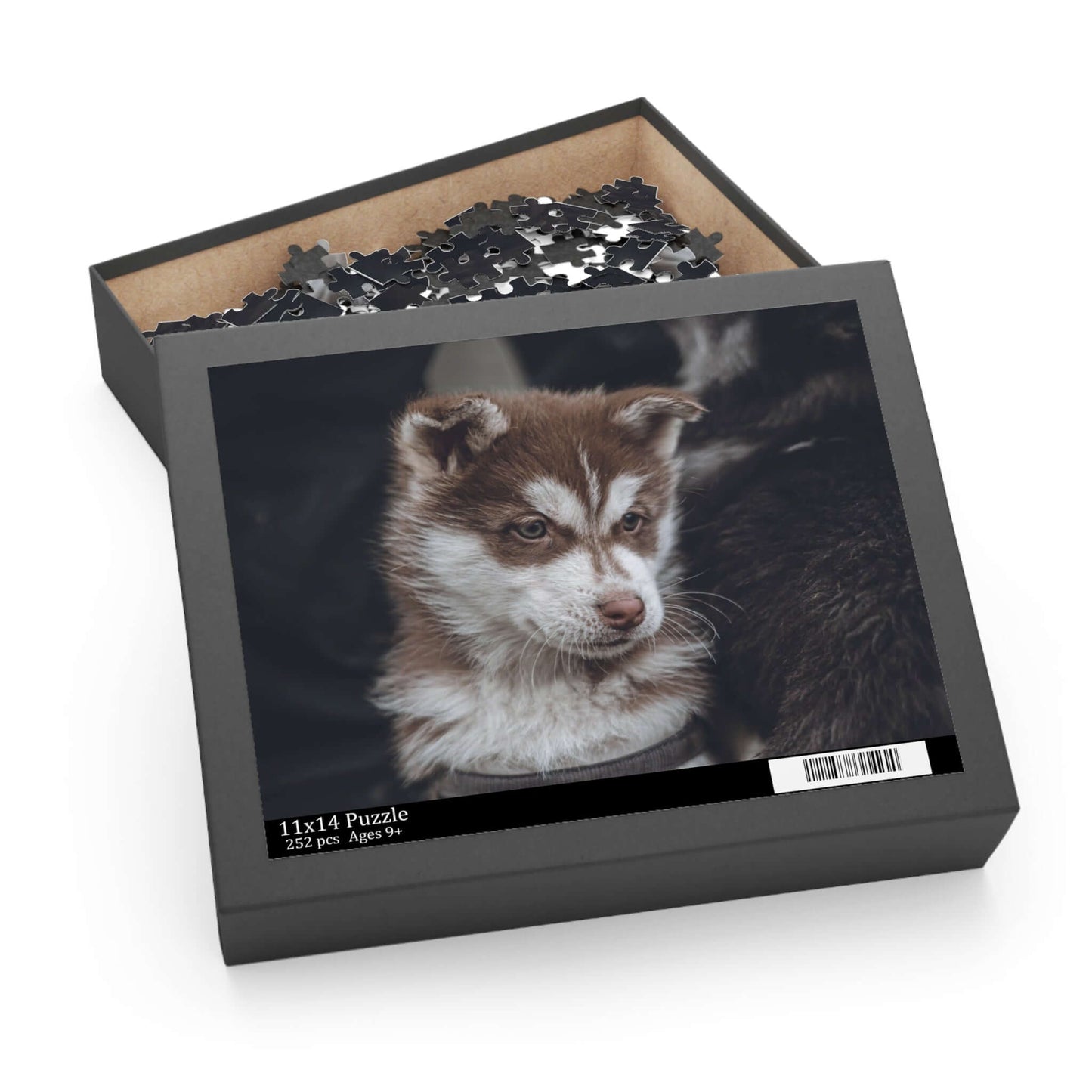 Custom puzzle box featuring a cute puppy photo, perfect for family fun and memory-making activities.
